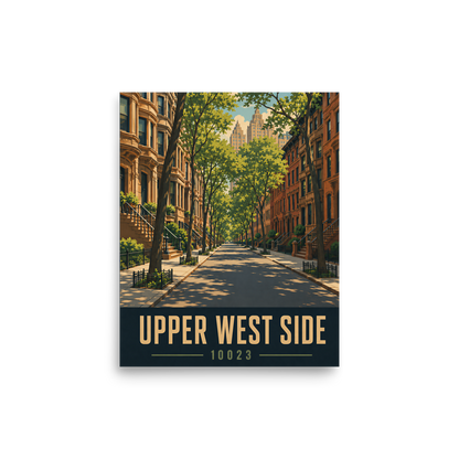 Upper West Side brownstone street poster with 10023 zip code, retro NYC wall art