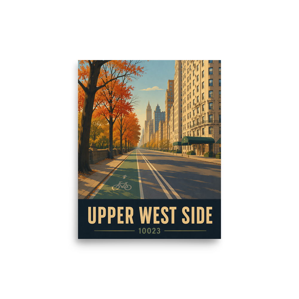 Central Park West autumn poster with 10023 zip code, retro NYC wall art