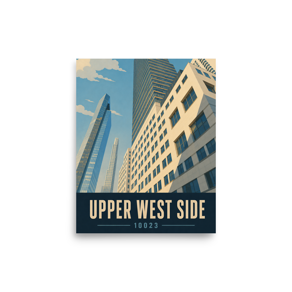 Upper West Side poster with Manhattan glass skyscraper view and 10023 zip code