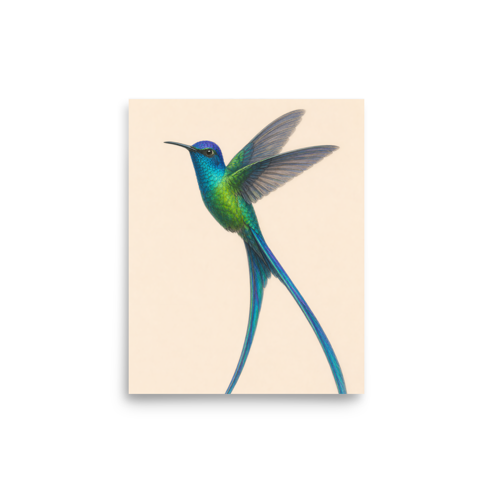 Long-tailed Sylph hummingbird colored pencil illustration print, teal iridescent plumage on warm cream background wall art