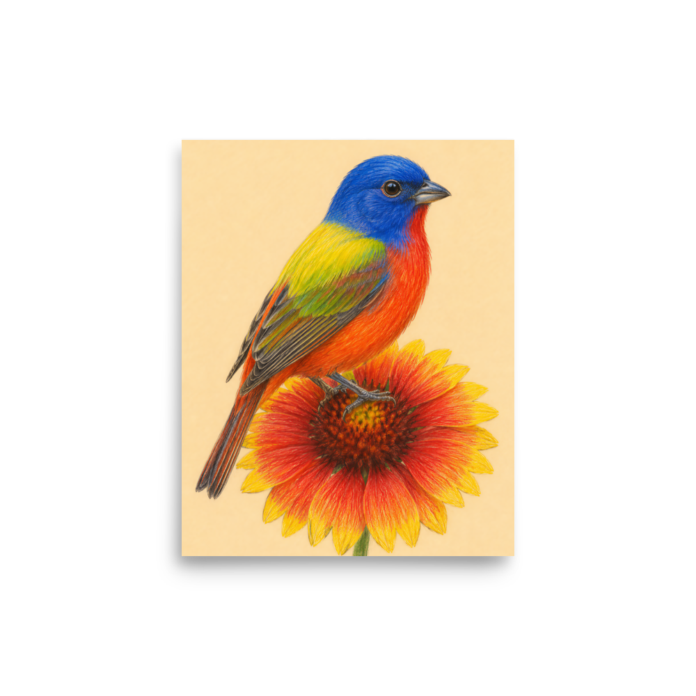 Painted Bunting colored pencil illustration on Indian Blanket flower, sandy cream background wall art