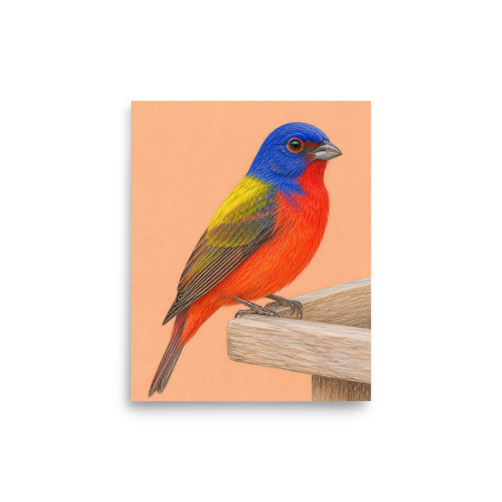Painted Bunting colored pencil illustration on wooden feeder, apricot pastel background wall art