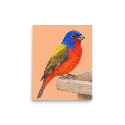 Painted Bunting colored pencil illustration on wooden feeder, apricot pastel background wall art