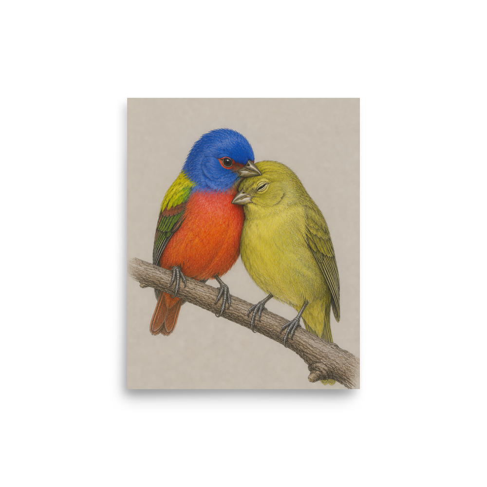 Male and female Painted Bunting pair colored pencil illustration on neutral background wall art