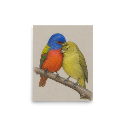 Male and female Painted Bunting pair colored pencil illustration on neutral background wall art