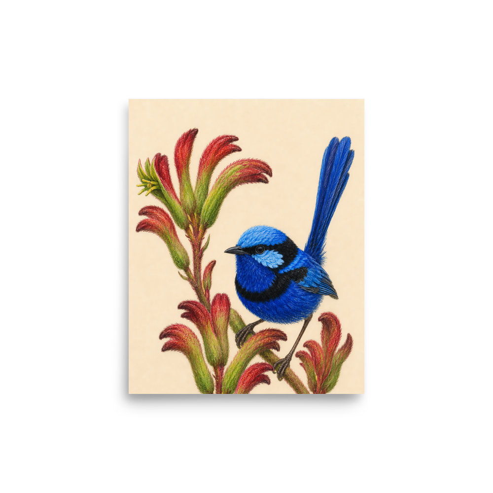 Splendid Fairywren blue wren colored pencil illustration on Kangaroo Paw flowers, warm cream background