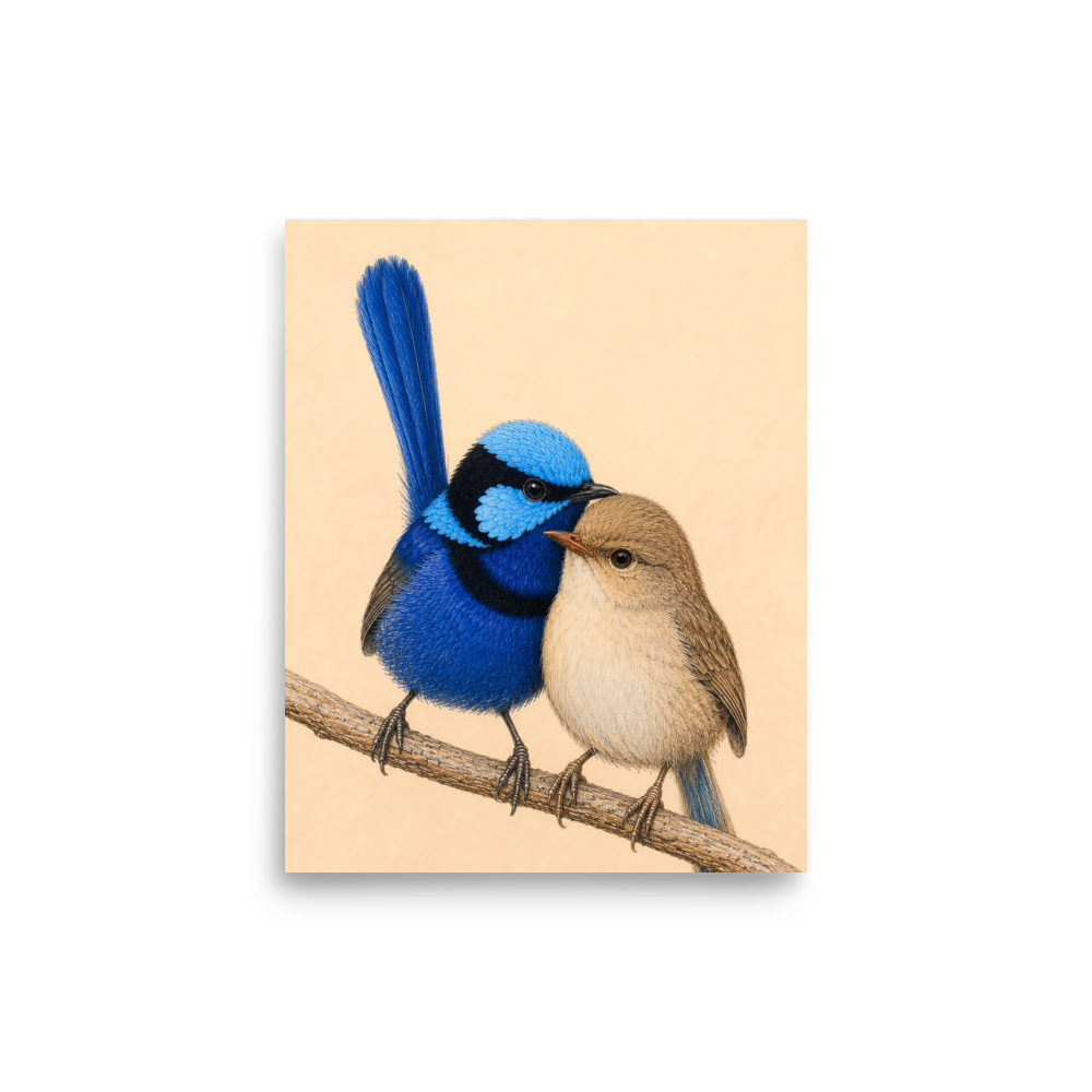 Male and female Splendid Fairywren blue wren pair colored pencil illustration on warm background