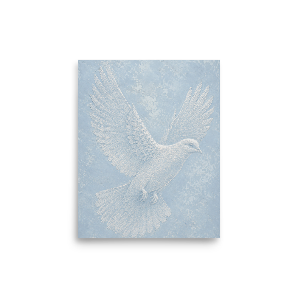 Peace dove print with embossed relief-look design on dusty blue textured background