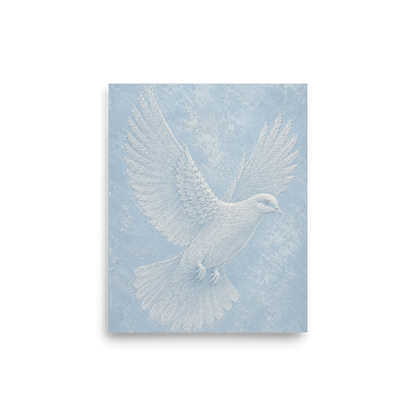 Peace dove print with embossed relief-look design on dusty blue textured background