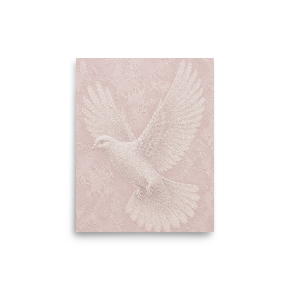 Peace dove print with embossed relief-look design on blush pink textured background