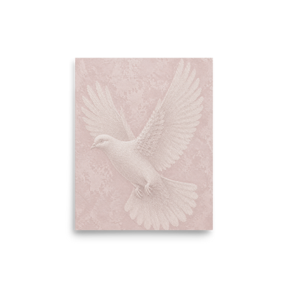Peace dove print with embossed relief-look design on blush pink textured background