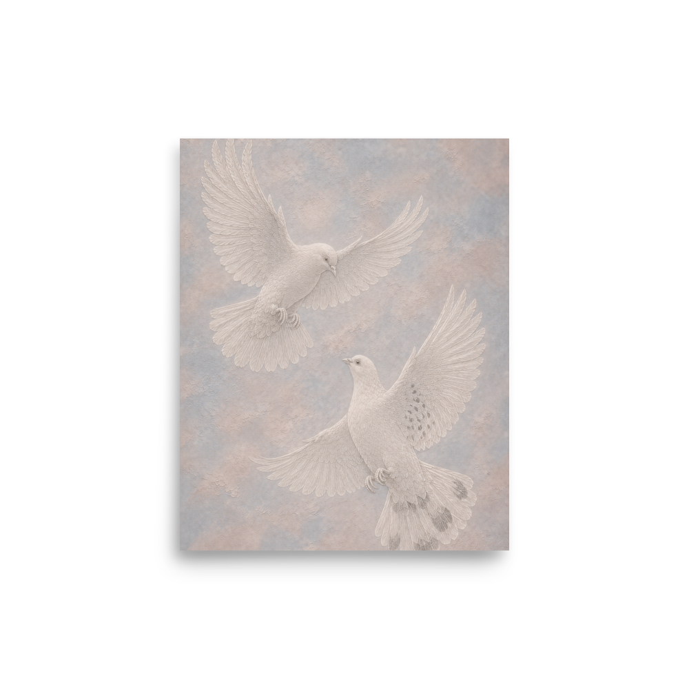 Two peace doves print with embossed relief-look design on dusty blue and blush textured background