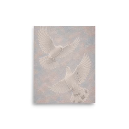 Two peace doves print with embossed relief-look design on dusty blue and blush textured background
