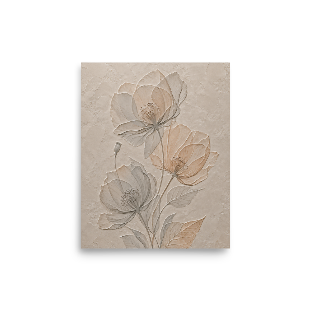 Wildflower bouquet print with embossed relief-look design on neutral beige textured background