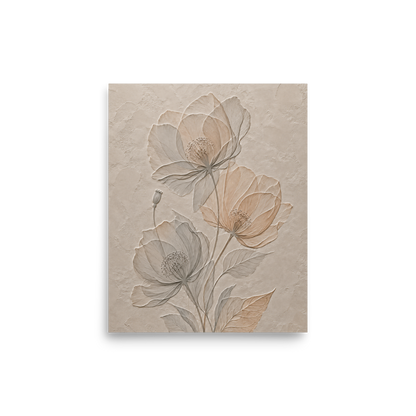 Wildflower bouquet print with embossed relief-look design on neutral beige textured background
