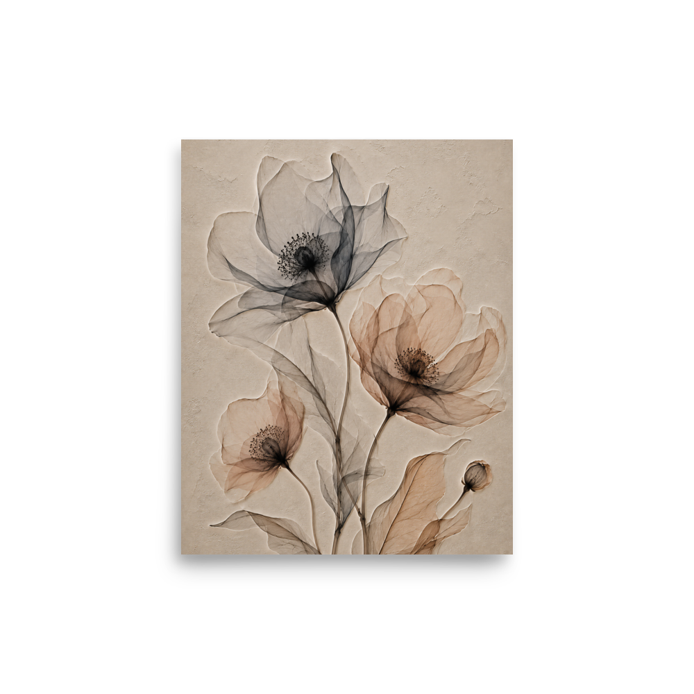 Wildflower trio print with embossed relief-look design in charcoal and clay tones on beige textured background