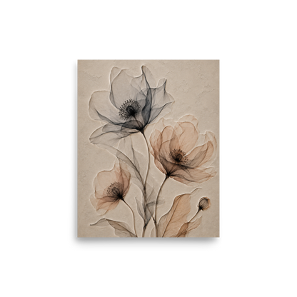 Wildflower trio print with embossed relief-look design in charcoal and clay tones on beige textured background