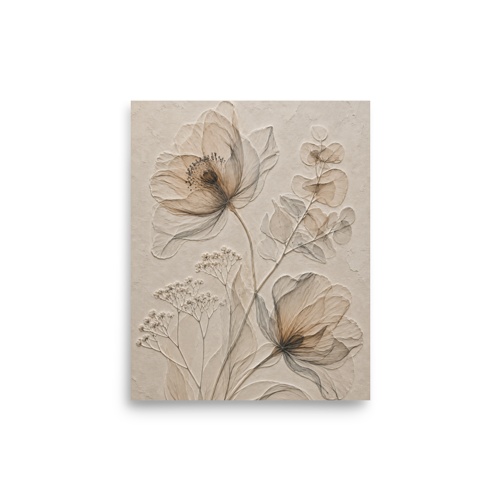 Botanical study print with embossed relief-look design in warm sepia tones on beige textured background