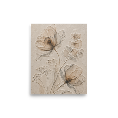 Botanical study print with embossed relief-look design in warm sepia tones on beige textured background