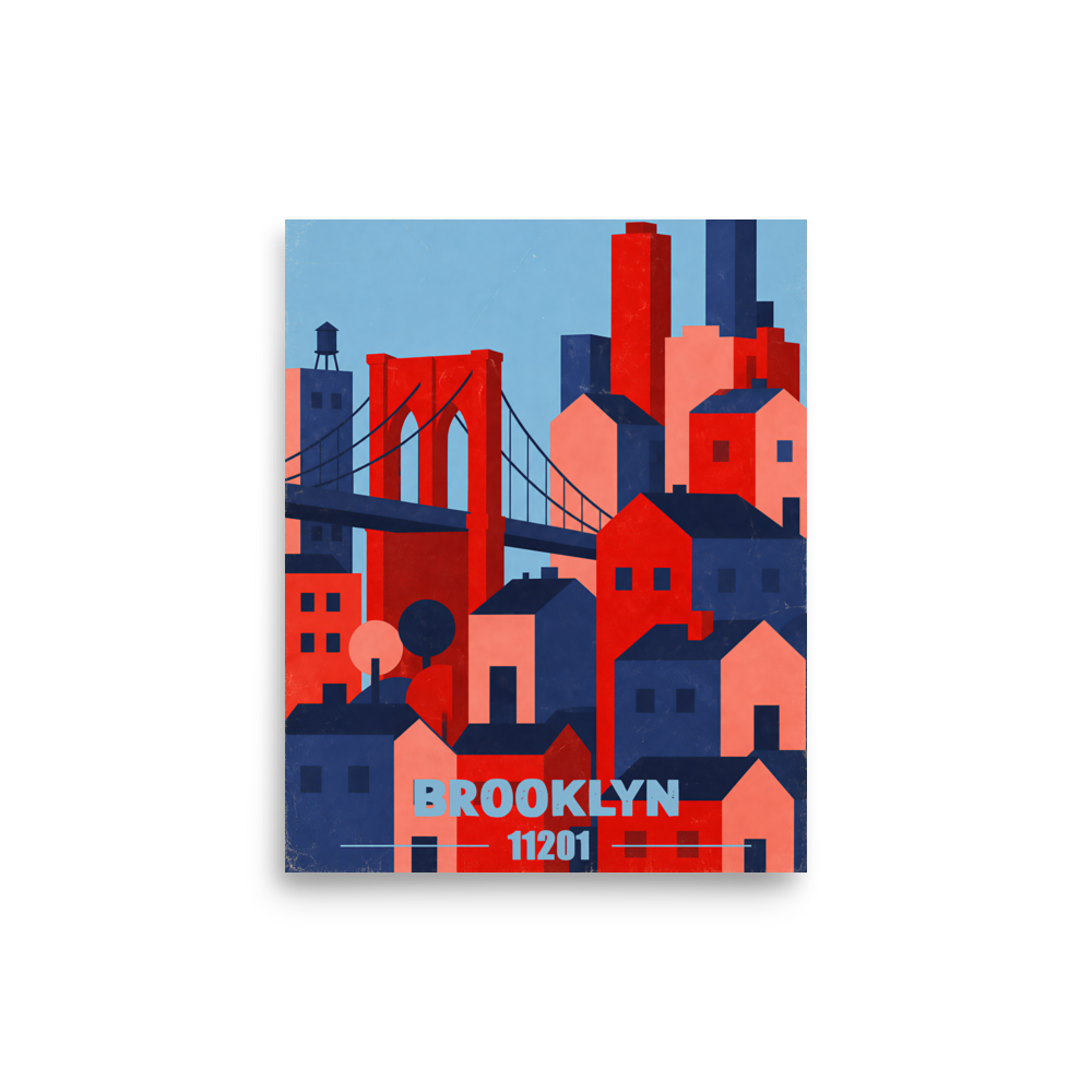 Brooklyn Bridge retro travel poster print, 11201 zip code wall art, unframed