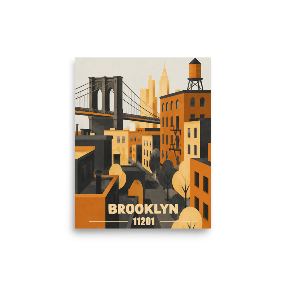Brooklyn fire escape retro travel poster print, 11201 zip code wall art, unframed