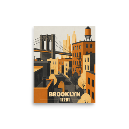 Brooklyn fire escape retro travel poster print, 11201 zip code wall art, unframed