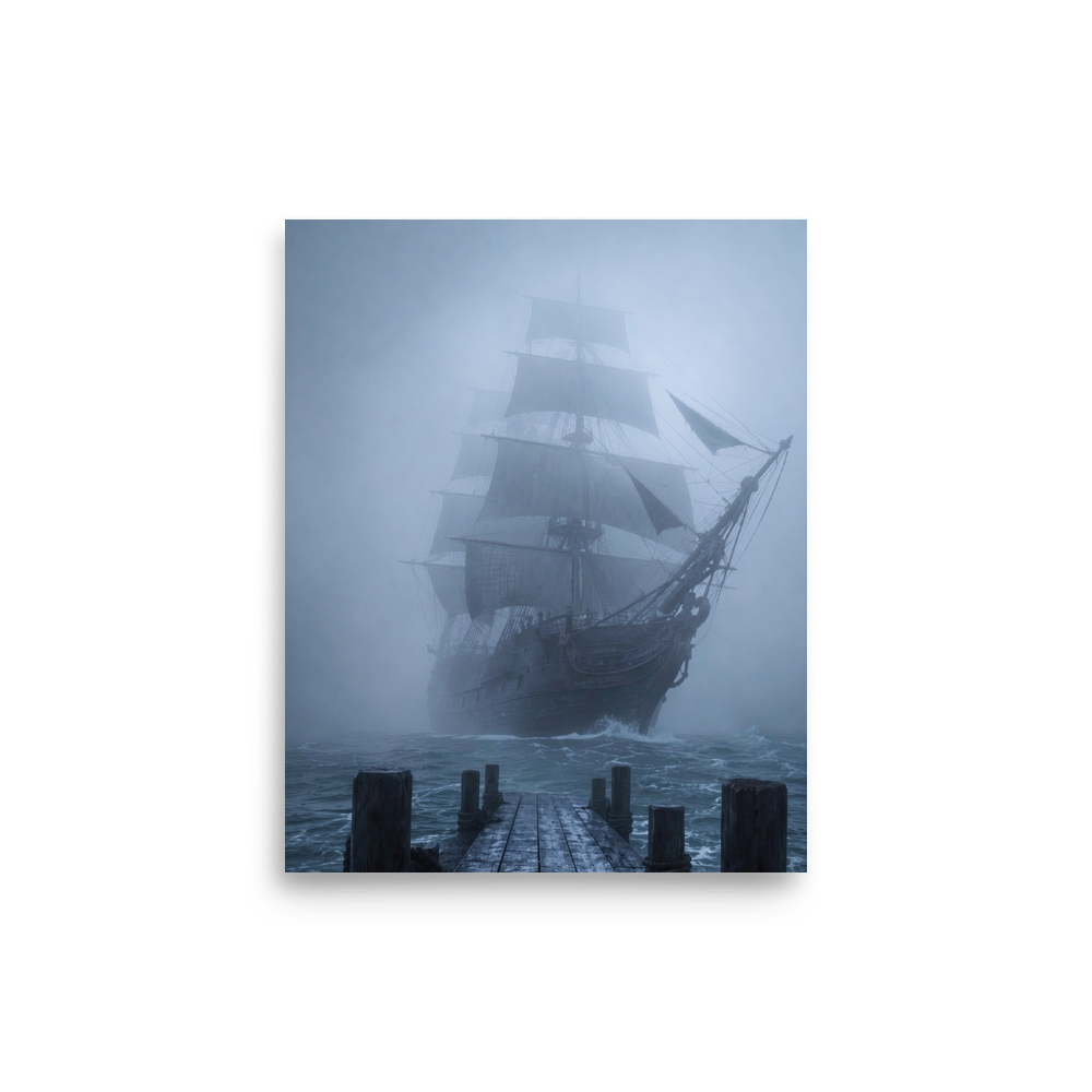 Ghost ship emerging from fog at dawn, dark moody coastal wall art print, JMTR Jeometry Store