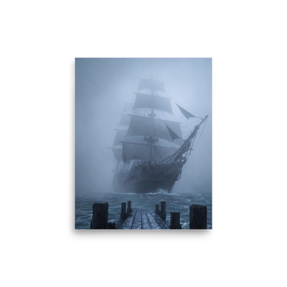 Ghost ship emerging from fog at dawn, dark moody coastal wall art print, JMTR Jeometry Store