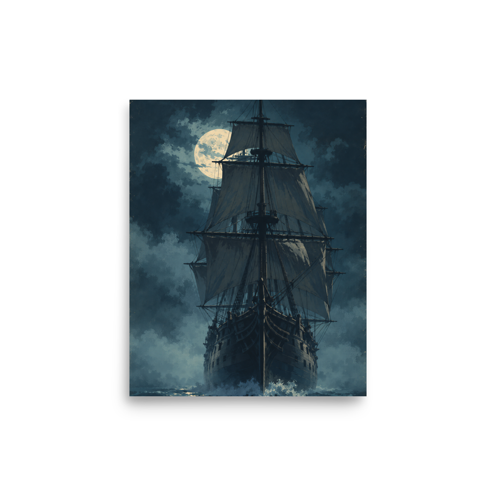 Tall ship sailing under full moon at night, vintage atmospheric nautical wall art print, JMTR Jeometry Store