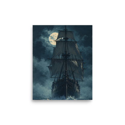 Tall ship sailing under full moon at night, vintage atmospheric nautical wall art print, JMTR Jeometry Store