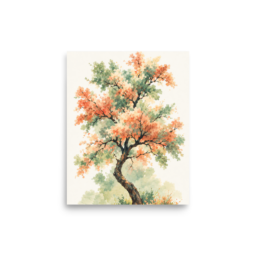 Watercolor painting of a blossoming tree with coral and sage green leaves, twisting trunk in a quiet meadow, wall art print, JMTR Jeometry Store