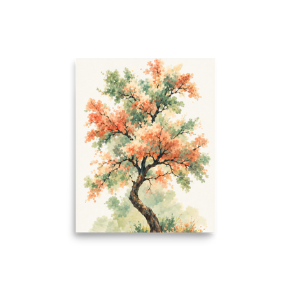 Watercolor painting of a blossoming tree with coral and sage green leaves, twisting trunk in a quiet meadow, wall art print, JMTR Jeometry Store