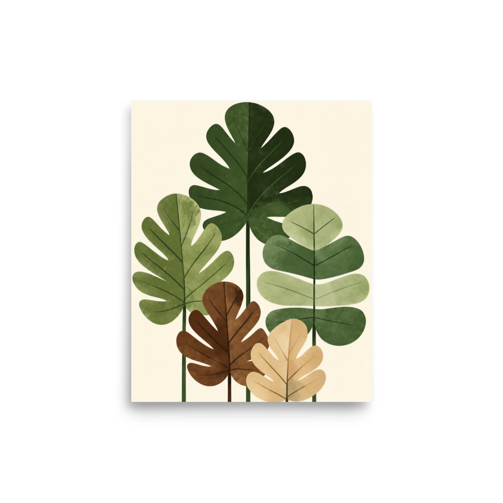 Illustrated fig leaves in shades of green, brown and gold with textured paper-like finish, botanical wall art print, JMTR Jeometry Store