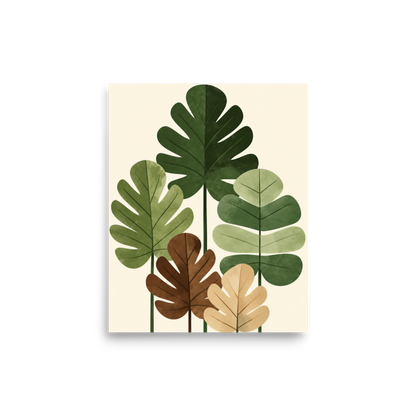 Illustrated fig leaves in shades of green, brown and gold with textured paper-like finish, botanical wall art print, JMTR Jeometry Store