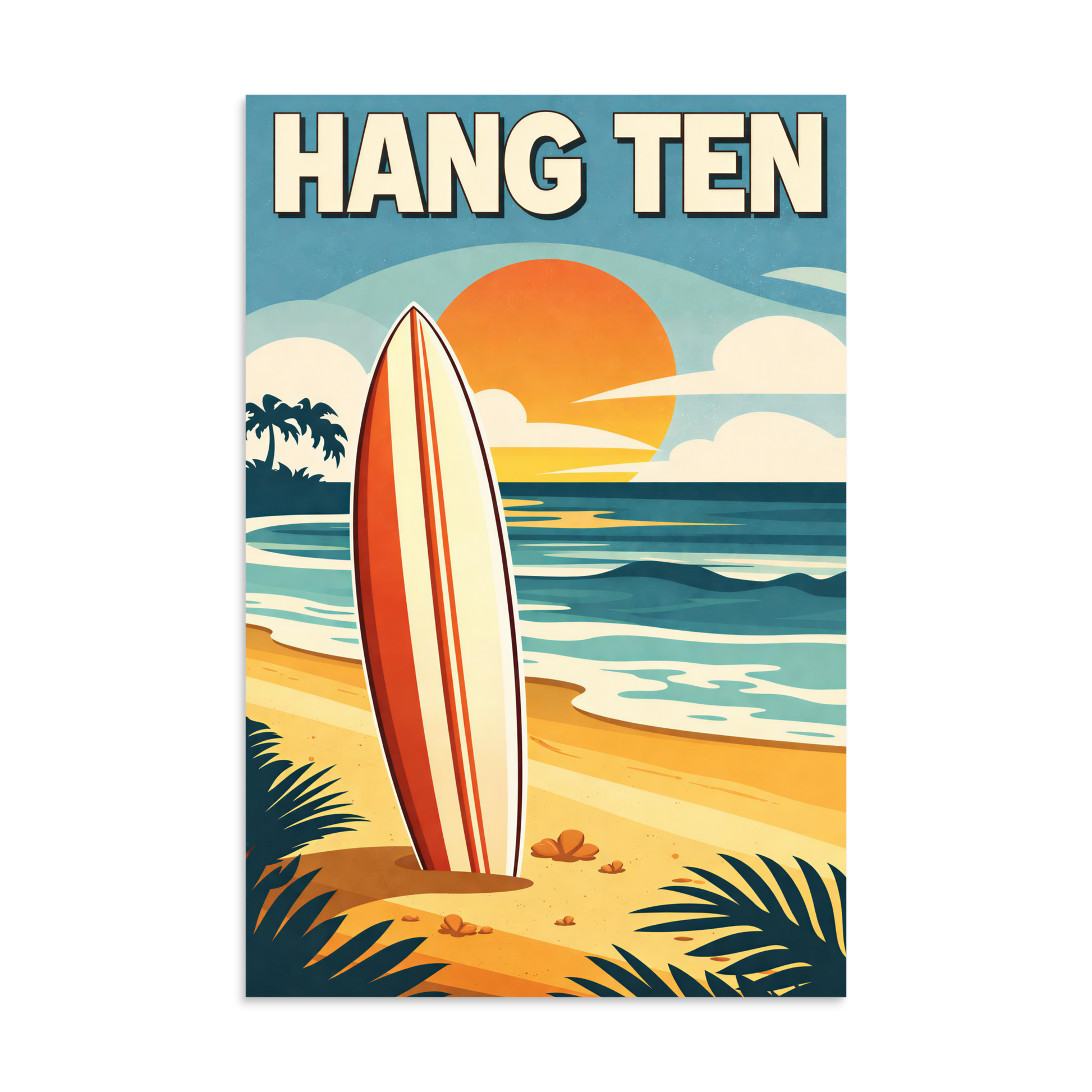 Hang Ten vintage surf poster with surfboard and California sunset beach scene