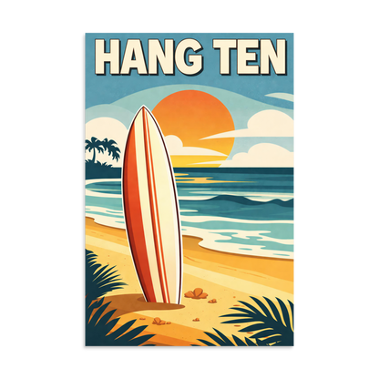 Hang Ten vintage surf poster with surfboard and California sunset beach scene