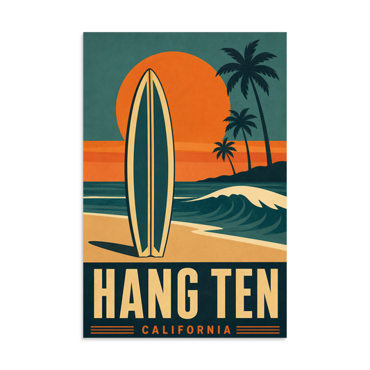 Retro Hang Ten California surf poster with surfboard, sunset, and palm trees