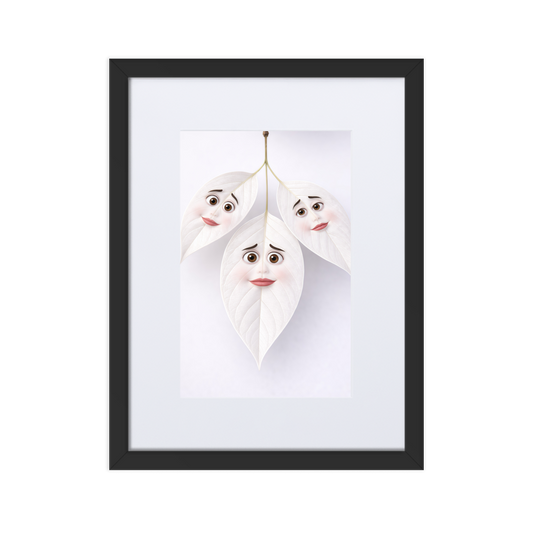 Whimsical leaf character wall art poster, framed matte paper print with illustrated faces in leaves for modern home decor