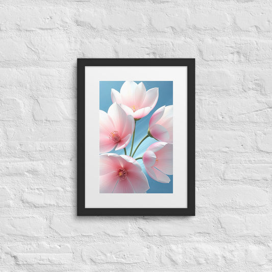 Elegant floral framed wall art with pastel pink flowers, minimalist botanical poster for bedroom or living room.