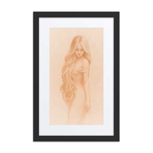 Minimalist female figure wall art print, soft nude line art framed poster for contemporary interiors