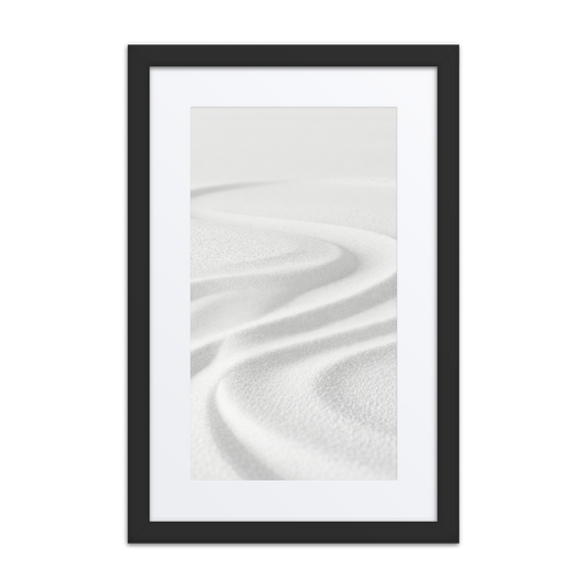 Zen inspired framed wall art print with minimalist character and sand patterns, modern meditation room decor.