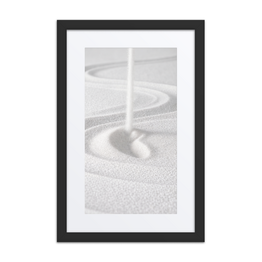 Zen inspired framed wall art print with minimalist character and sand patterns, modern meditation room decor.