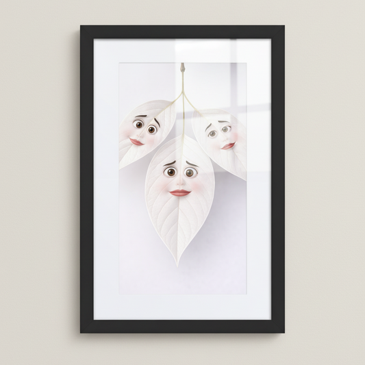 Leaf character wall art print with illustrated faces, minimalist framed poster for contemporary interiors