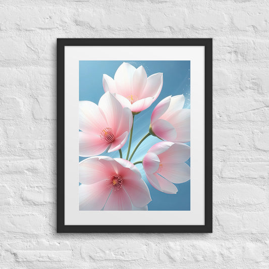 Soft pink floral wall art poster with tulip buds, framed matte paper print for modern home decor.