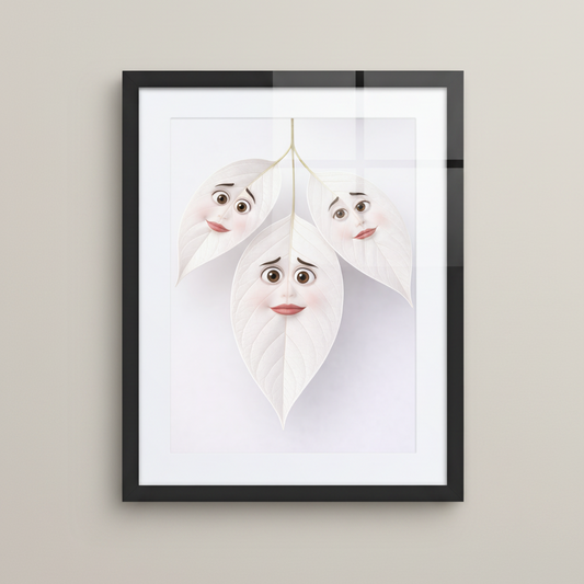 Whimsical leaf character wall art poster, framed matte paper print with illustrated faces in leaves for modern home decor