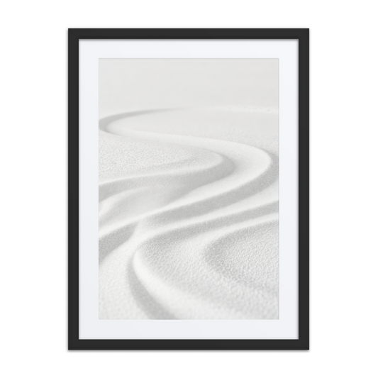 Minimalist zen wall art poster with abstract rake figure on sand, framed matte paper print for calm interiors.