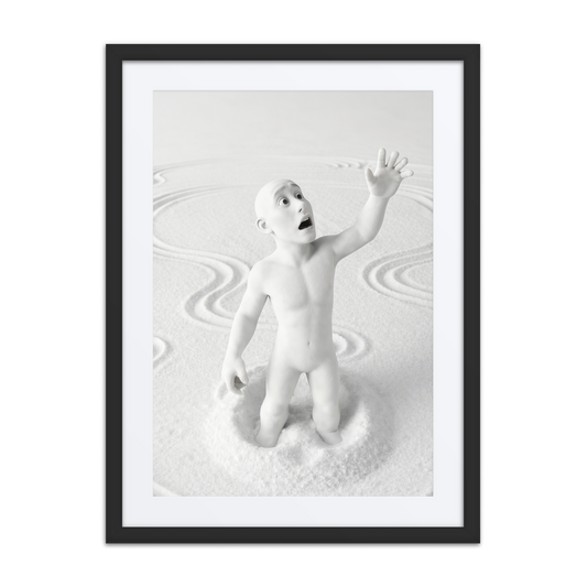 Minimalist zen wall art poster with abstract rake figure on sand, framed matte paper print for calm interiors.