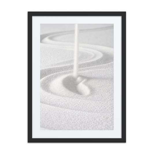 Minimalist zen wall art poster with abstract rake figure on sand, framed matte paper print for calm interiors.